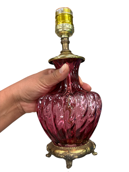 Pilgrim Cranberry glass lamp 10.5” tall by 5” wide - patina brass